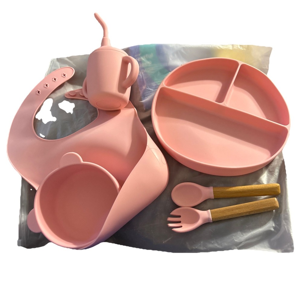 Silicone Baby toddler Feeding Set 6 pcs Pink Bib Bowl Plate sip cup Spoon Fork